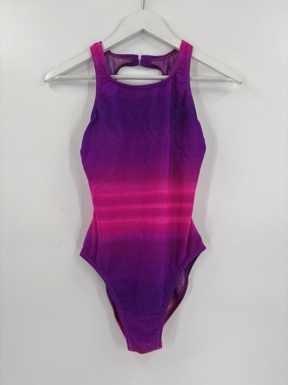 Vintage Athena Swimsuit Womens 10 Purple Pink Striped Ombre Backless One Piece